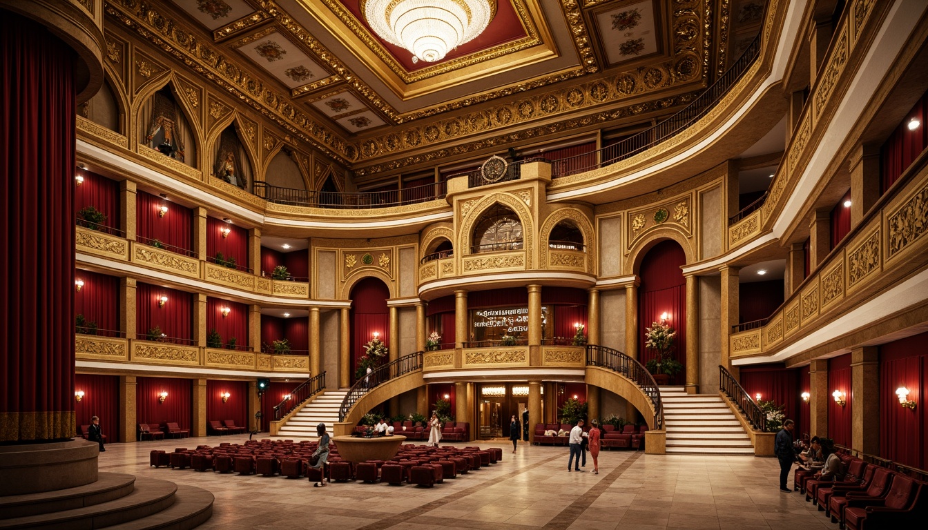 Prompt: Grand opera house, ornate ceilings with gold leaf details, intricate Baroque moldings, crystal chandeliers, red velvet curtains, gilded balconies, marble floors, carved wooden panels, frescoed walls, ornamental plasterwork, dramatic archways, sweeping staircases, lavish furnishings, soft warm lighting, shallow depth of field, 3/4 composition, realistic textures, ambient occlusion.