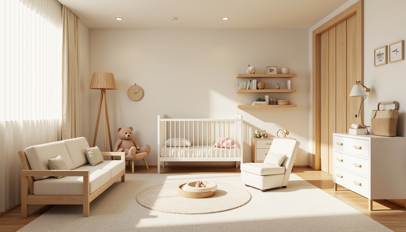 Prompt: Soft pastel colors, calming atmosphere, gentle lighting, comfortable flooring, baby-safe furniture, rounded edges, non-toxic materials, secure storage, electrical outlet covers, window guards, soft fabrics, plush toys, natural wood accents, minimal clutter, easy cleaning, baby monitoring systems, soothing music, warm beige walls, creamy white furniture, subtle textures, shallow depth of field, 1/1 composition, panoramic view, realistic rendering.