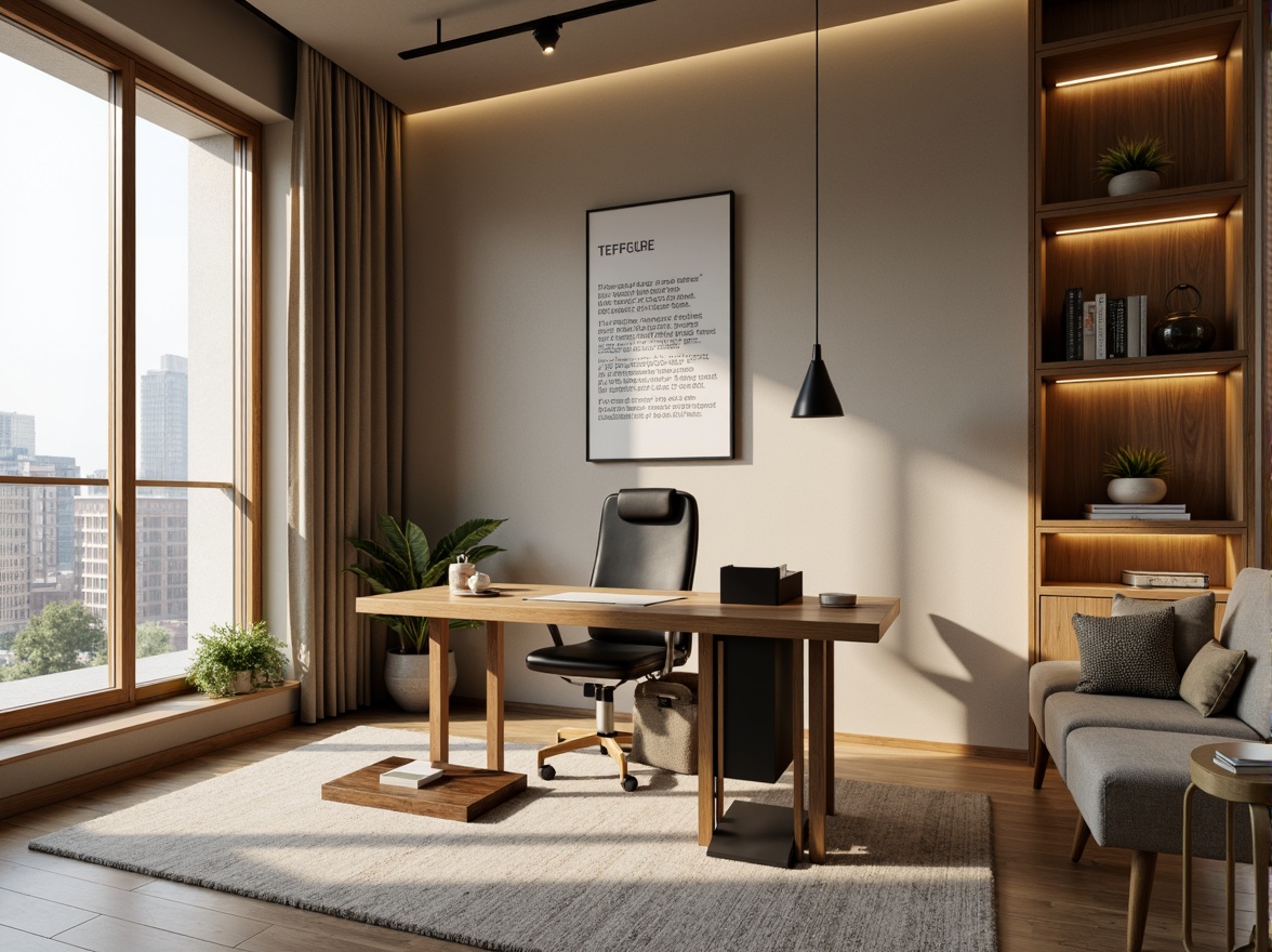 Prompt: Modern home office, minimalist desk, ergonomic chair, natural wood accents, floor-to-ceiling windows, soft diffused light, task lamps, under-cabinet lighting, LED strips, indirect illumination, cozy atmosphere, productive workspace, warm beige walls, industrial-chic metal fixtures, sleek glass shelves, organized storage systems, inspirational quotes, motivational artwork, calm color palette, comfortable seating area, relaxed ambient lighting, 1/2 composition, shallow depth of field, realistic textures.