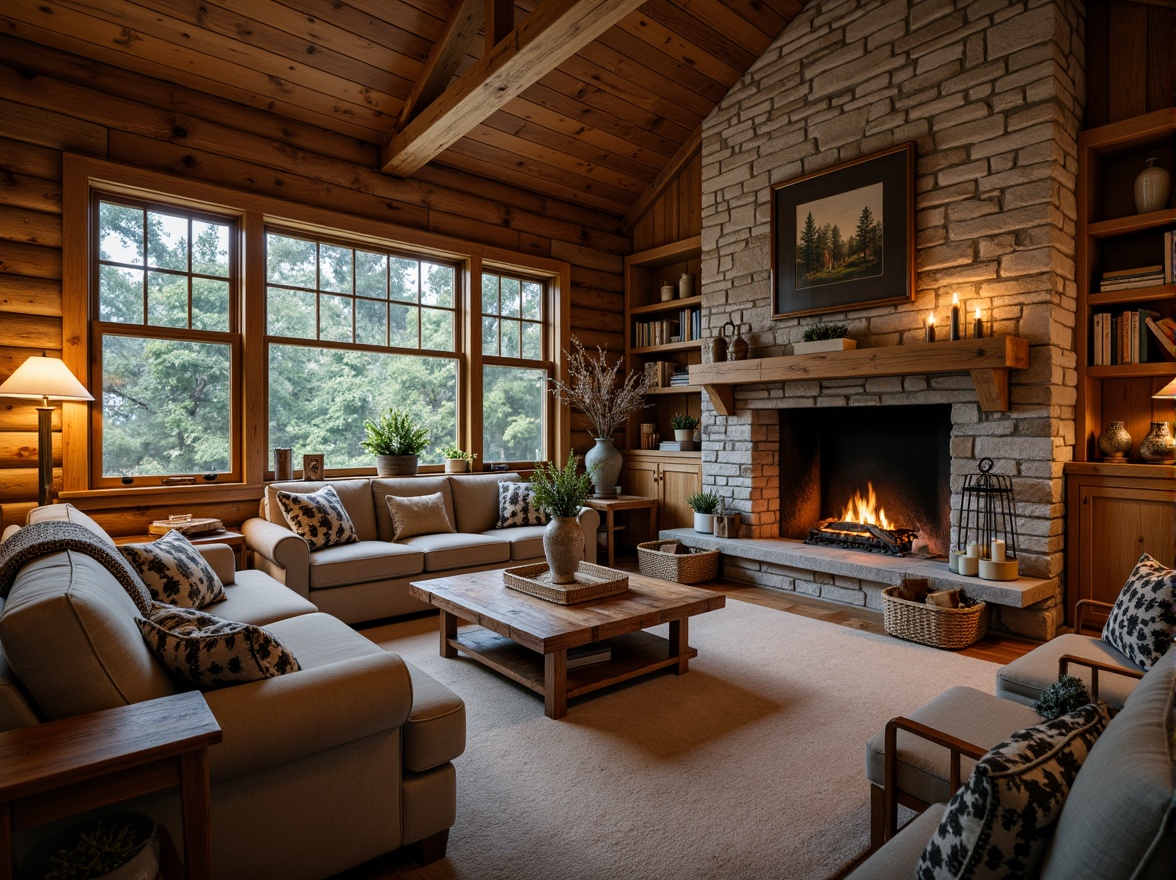 Prompt: Rustic cabin, wooden accents, earthy tones, natural fabrics, vintage decor, distressed wood furniture, metal hardware, lantern-style lighting, plush throw blankets, woven baskets, stone fireplaces, cozy reading nooks, warm candlelight, shallow depth of field, 3/4 composition, soft focus, realistic textures.