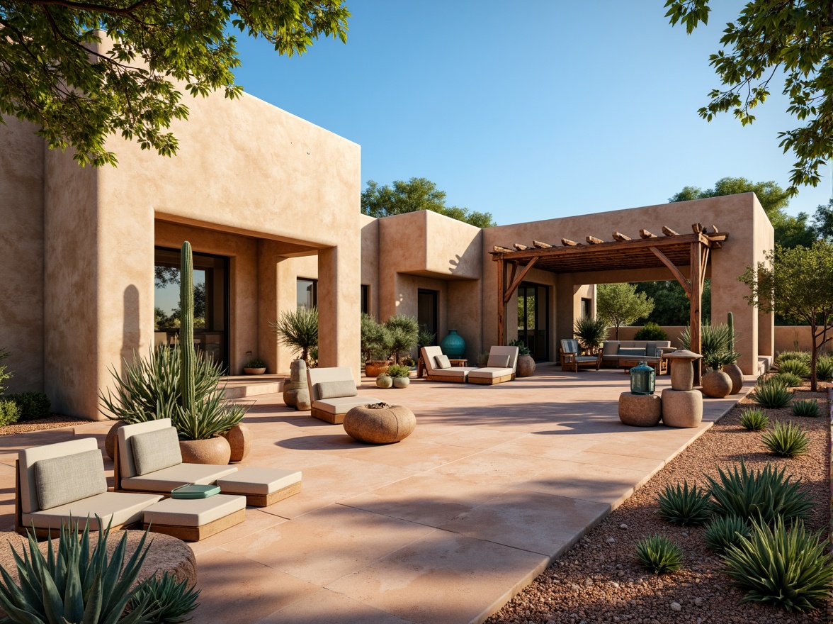 Prompt: Southwestern adobe architecture, warm beige stucco walls, rustic wooden accents, vibrant turquoise decorations, earthy terracotta floors, lush cacti arrangements, arid desert landscape, clear blue sky, abundant natural light, large windows, sliding glass doors, outdoor living spaces, shaded patios, pergolas with vines, soft warm lighting, high contrast shadows, 1/2 composition, realistic textures, ambient occlusion.