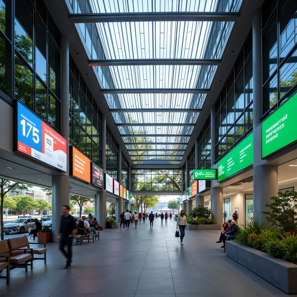 Prompt: Modern bus station, sleek glass roofs, stainless steel columns, vibrant LED displays, clear signage, intuitive wayfinding systems, bold font typography, bright color schemes, efficient passenger flow, ample seating areas, natural stone flooring, green walls, urban landscape views, morning rush hour atmosphere, soft indirect lighting, shallow depth of field, 1/2 composition, realistic reflections, ambient occlusion.