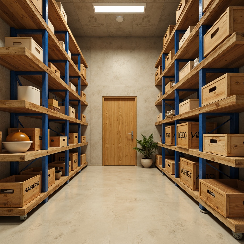 Prompt: Cozy storage room, warm beige walls, soft creamy flooring, natural wood shelves, industrial metal racks, vibrant blue accents, earthy brown crates, rustic wooden boxes, subtle grey undertones, calming ambient lighting, shallow depth of field, 1/1 composition, realistic textures, ambient occlusion.