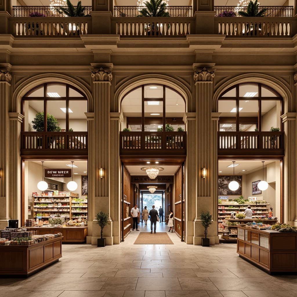 Prompt: Ornate grocery store facade, neoclassical columns, carved stone details, grand entrance archways, symmetrical composition, warm beige stone walls, large glass windows, bronze metal doors, intricate moldings, decorative cornices, subtle rustication, high ceilings, elegant chandeliers, polished marble floors, ornamental balustrades, vintage-style signage, soft warm lighting, shallow depth of field, 1/2 composition, realistic textures, ambient occlusion.