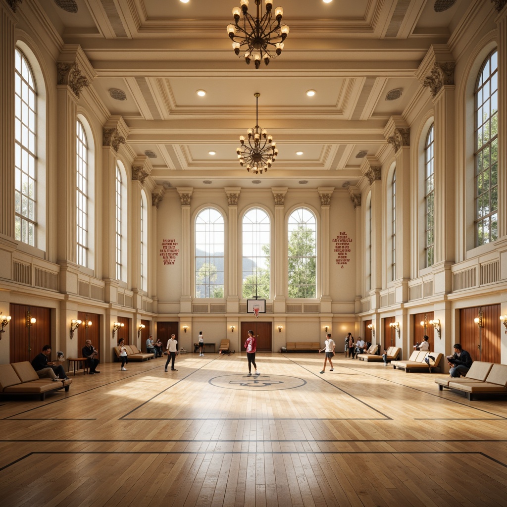 Prompt: Grand gymnasium, neoclassical architecture, high ceilings, ornate moldings, polished wooden floors, elegant chandeliers, cream-colored walls, classic columns, comfortable benches, athletic equipment, basketball hoops, volleyball nets, sports trophies, motivational quotes, natural stone accents, luxurious fabrics, subtle warm lighting, shallow depth of field, 1/1 composition, symmetrical view, realistic textures, ambient occlusion.