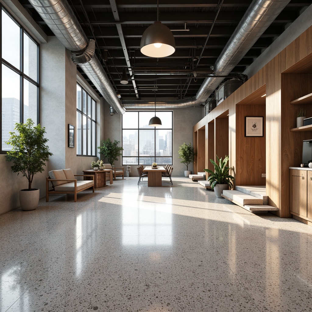 Prompt: Modern office interior, sleek terrazzo flooring, high-gloss finish, subtle aggregate patterns, polished metal accents, minimalist design, open-plan layout, natural light pouring in, large windows, glass partitions, industrial chic aesthetic, urban loft vibe, reclaimed wood walls, exposed ductwork, creative lighting fixtures, warm neutral color palette, 1/1 composition, shallow depth of field, softbox lighting, realistic textures.