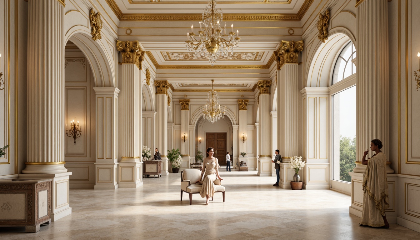 Prompt: Elegant neoclassical interior, ornate moldings, cream-colored walls, subtle texture, rich wood paneling, intricate carvings, gilded accents, crystal chandeliers, luxurious fabrics, velvet drapes, golden leaf patterns, classical columns, archways, symmetrical composition, soft warm lighting, shallow depth of field, 1/2 composition, realistic textures, ambient occlusion.