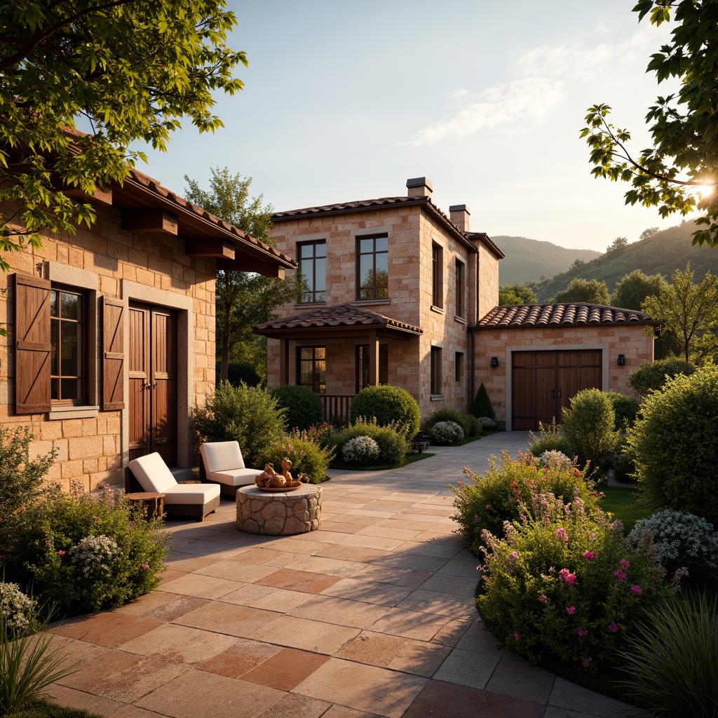 Prompt: Warm Italian villa, earthy Sienna tones, rustic stone walls, terracotta rooftops, vintage wooden doors, ornate metalwork, lush greenery, vibrant flowers, sun-kissed hills, soft warm lighting, golden hour glow, shallow depth of field, 3/4 composition, panoramic view, realistic textures, ambient occlusion.