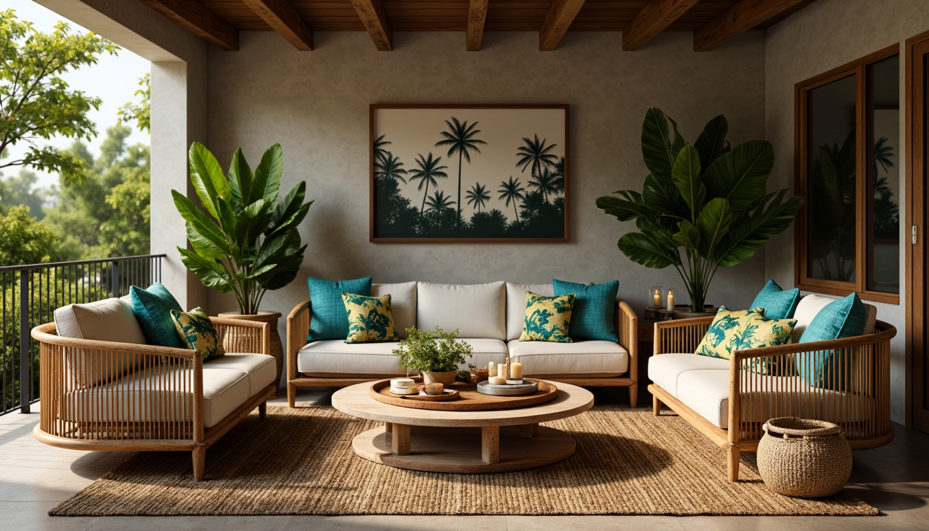 Prompt: Woven rattan furniture, natural wood accents, plush velvet cushions, vibrant jungle-inspired prints, exotic palm tree patterns, rich turquoise hues, warm beige tones, soft golden lighting, lush greenery surroundings, tropical flowers arrangements, modern minimalist decor, sleek metal frames, woven jute rugs, ambient candlelight, 1/1 composition, realistic textures, shallow depth of field.