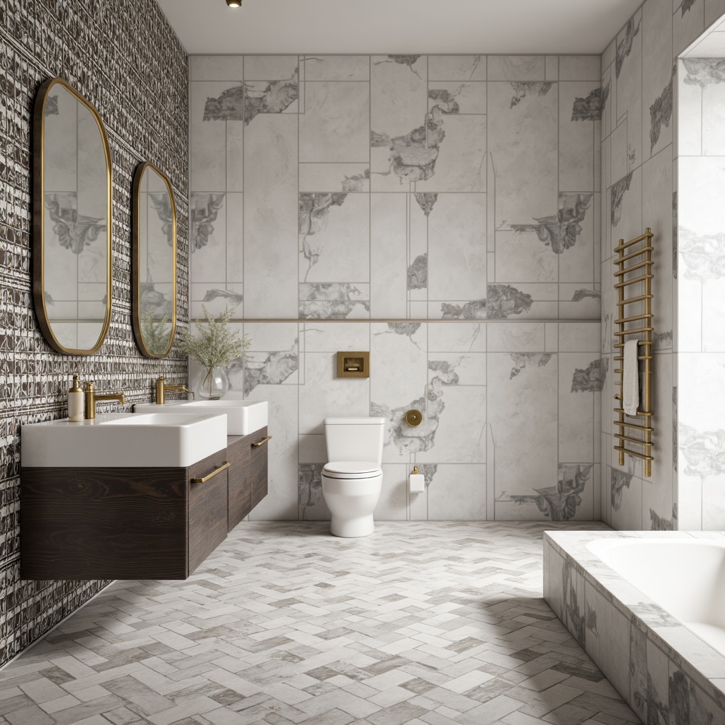 Prompt: Geometric tile patterns, monochromatic color scheme, luxurious marble textures, metallic accents, subtle sheen, natural stone flooring, herringbone layout, chevron designs, hexagonal tiles, Moroccan-inspired motifs, elegant bathroom decor, spa-like ambiance, soft warm lighting, 1/1 composition, realistic reflections, ambient occlusion.