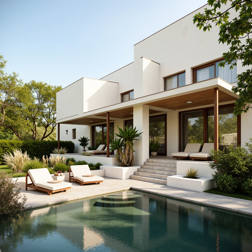 Prompt: Modern villa, sleek lines, minimalist design, large windows, sliding glass doors, cream-colored walls, soft beige tones, warm earthy shades, natural stone accents, lush greenery, tropical plants, sunny day, bright warm lighting, shallow depth of field, 3/4 composition, panoramic view, realistic textures, ambient occlusion.