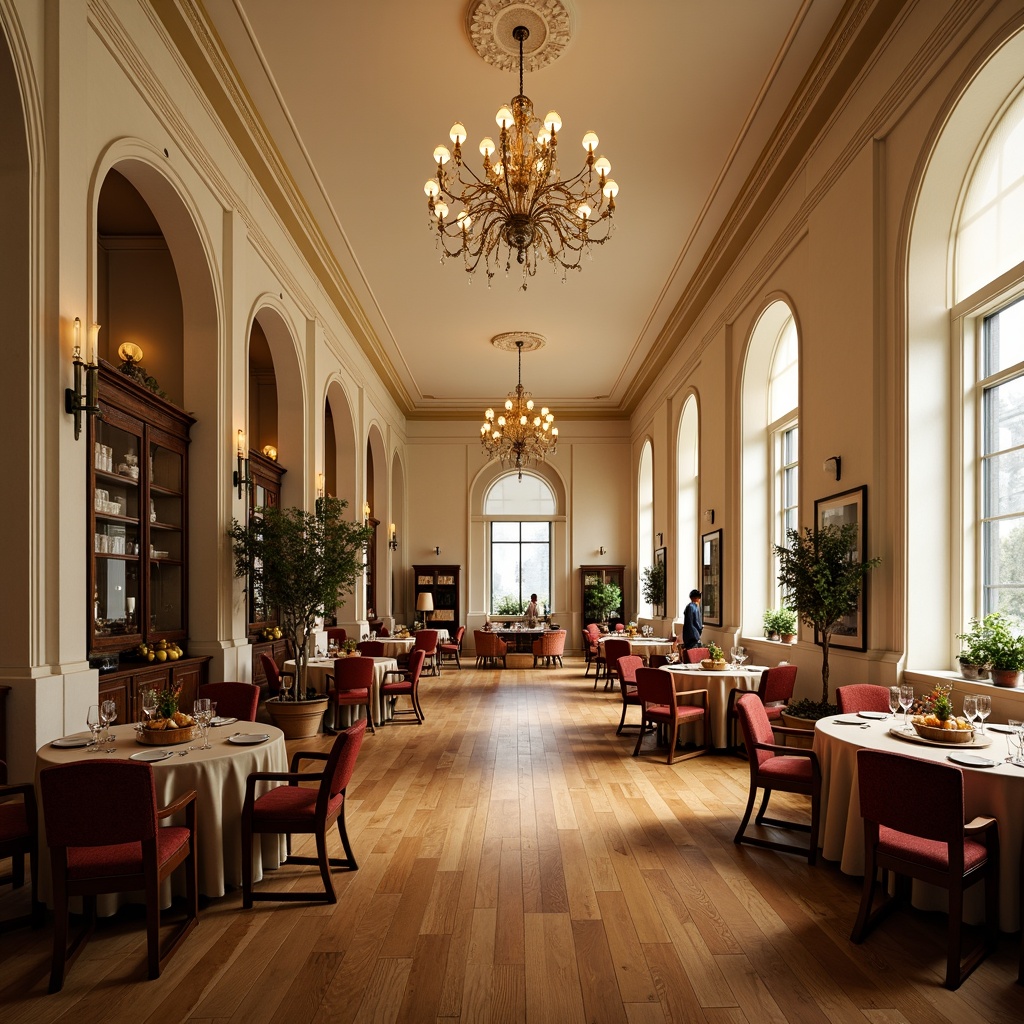 Prompt: Elegant dining hall, luxurious chandeliers, polished wooden floors, cream-colored walls, refined furniture sets, velvet upholstered chairs, ornate carved tables, delicate china cabinets, lavish centerpieces, abundant natural light, soft warm ambiance, subtle shadows, 1/1 composition, realistic reflections, ambient occlusion.