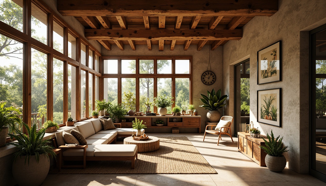 Prompt: Rustic sunroom interior, reclaimed wood accents, natural stone walls, earthy color palette, cozy atmosphere, warm sunlight, wooden beam ceiling, distressed finishes, vintage decor, woven textiles, plush furnishings, nature-inspired accessories, botanical prints, potted plants, rattan furniture, soft warm lighting, shallow depth of field, 1/2 composition, intimate setting.