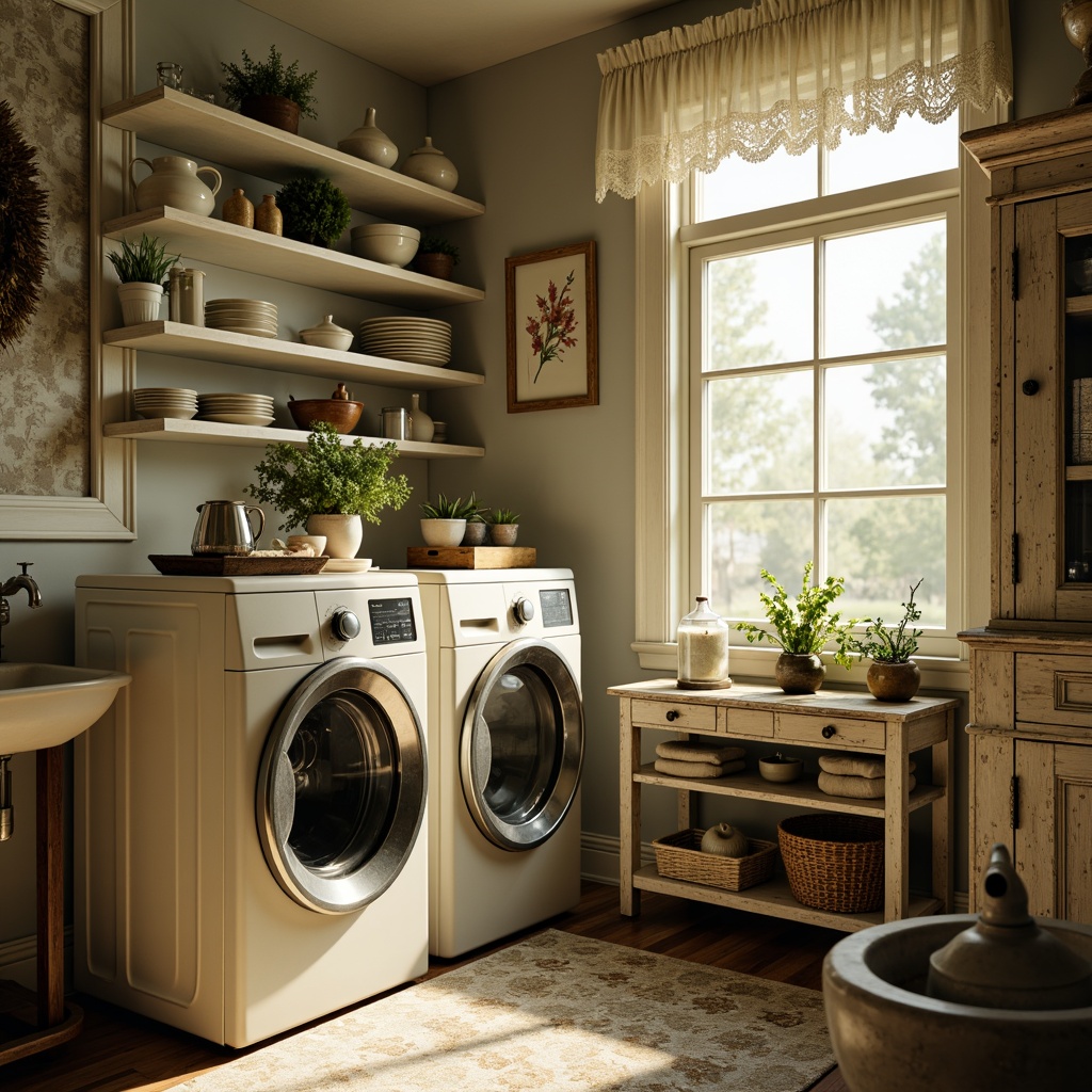 Prompt: Vintage laundry room, distressed wood furniture, soft pastel colors, lace curtains, antique washing machines, porcelain sinks, ornate metal fixtures, floral patterns, ruffled fabrics, delicate china cabinets, rustic wooden shelves, warm beige tones, natural light pouring in, shallow depth of field, 1/1 composition, soft focus effect, realistic textures, ambient occlusion.