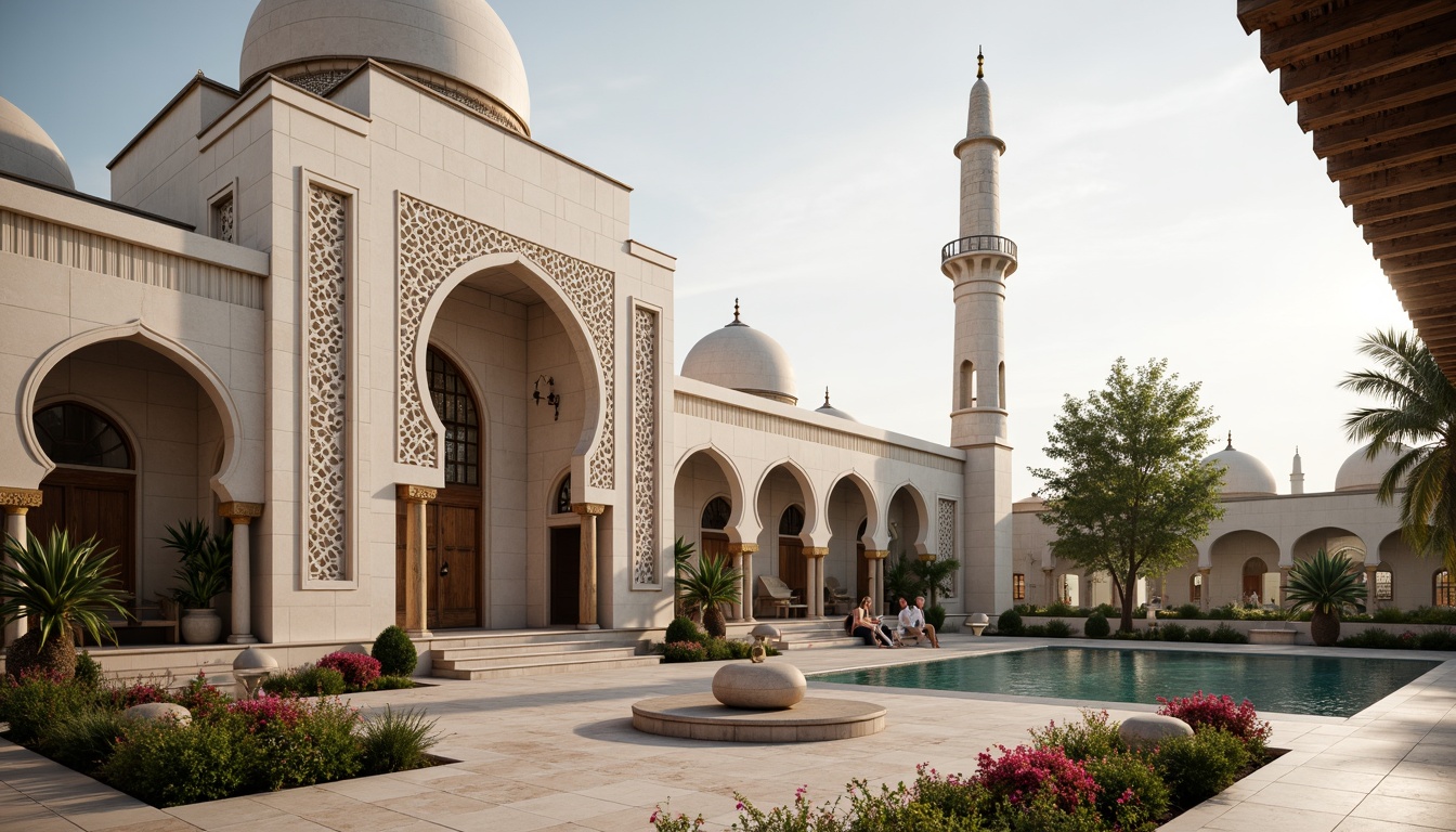 Prompt: Elegant mosque, intricately patterned minarets, gleaming white marble, rustic wooden accents, natural stone flooring, eco-friendly roofing materials, solar-powered lighting systems, wind-catching arches, serene courtyard gardens, fragrant flower arrangements, soft warm illumination, shallow depth of field, 3/4 composition, panoramic view, realistic textures, ambient occlusion.