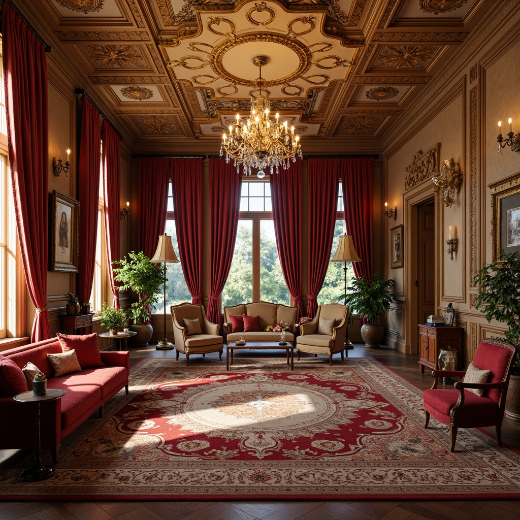 Prompt: Richly ornamented walls, luxurious velvet fabrics, intricately patterned rugs, ornate wooden furniture, warm golden lighting, soft cream-colored ceilings, heavily draped curtains, lavish crystal chandeliers, opulent jewel-toned colors, deep crimson reds, emerald greens, navy blues, warm beige neutrals, rich walnut wood tones, ornate plasterwork details, highly decorative moldings, elegant furnishings, refined upholstery fabrics, sophisticated wallcoverings.