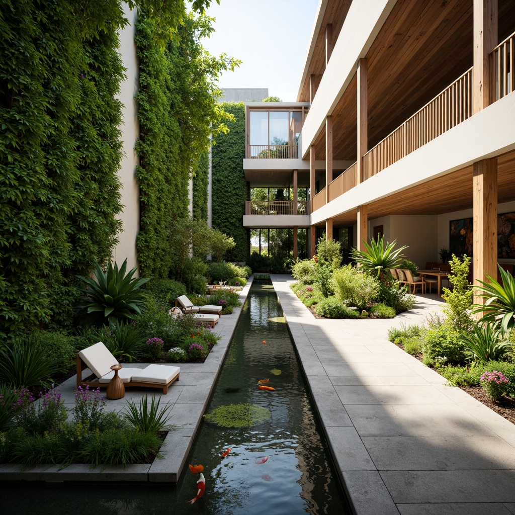 Prompt: Lush green walls, exotic plants, natural stone floors, wooden accents, tropical flowers, water features, koi ponds, minimalist furniture, airy open spaces, high ceilings, large windows, warm lighting, 1/1 composition, shallow depth of field, realistic textures, ambient occlusion, government institution logo, modern architecture, sleek lines, neutral color palette, natural ventilation systems, living green walls, reclaimed wood decorations, abstract geometric patterns, vibrant colorful artwork.