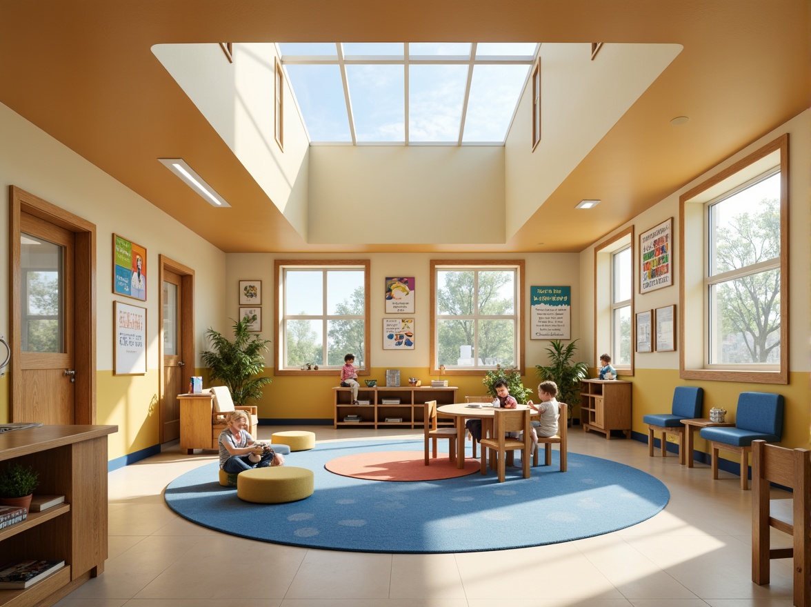 Prompt: Vibrant elementary school interior, warm beige walls, soft cream flooring, calming blue accents, energizing yellow highlights, natural wood furniture, playful polka-dot textiles, educational posters, inspirational quotes, comfortable reading nooks, cozy corner seating, abundant natural light, clerestory windows, gentle warm lighting, 1/2 composition, symmetrical balance, realistic material textures, subtle ambient occlusion.