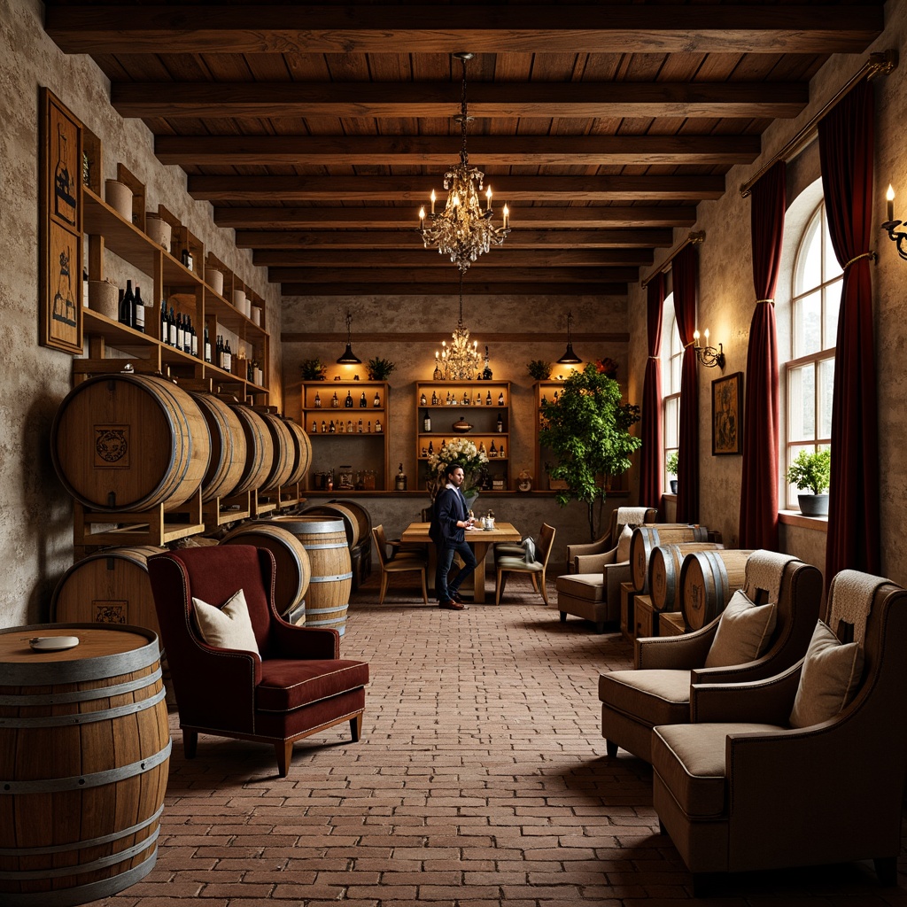 Prompt: Rustic wine cellar, distressed wooden crates, vintage wine barrels, soft warm lighting, earthy tones, natural stone walls, reclaimed wood flooring, worn brick pathways, ornate metalwork, aged wooden beams, luxurious velvet drapes, rich leather armchairs, dimly lit ambiance, romantic atmosphere, fine wine bottles, elegant glassware, sophisticated decor.