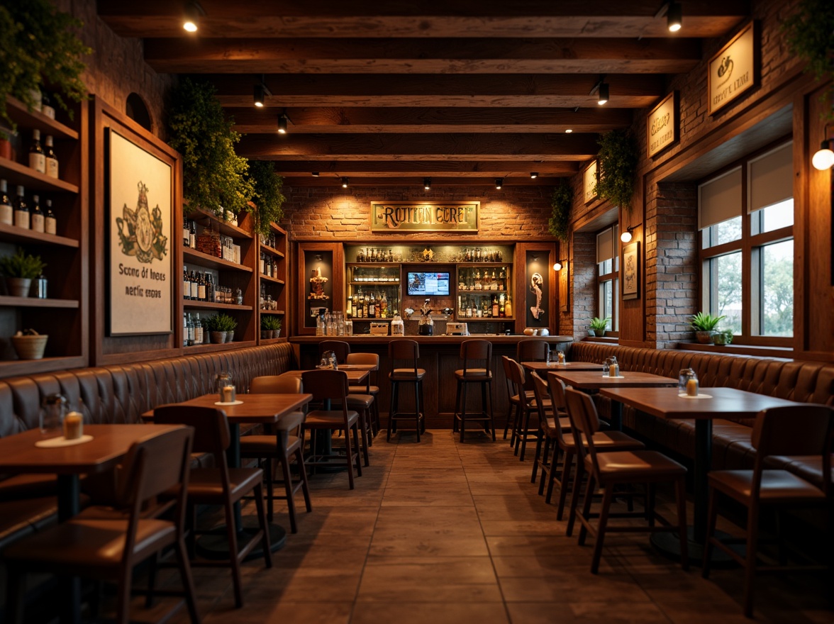 Prompt: Cozy pub atmosphere, warm wooden tones, rich leather upholstery, dimmed lighting, earthy color palette, rustic brick walls, vintage beer signs, classic wooden bar, comfy stools, soft warm glow, shallow depth of field, 1/1 composition, realistic textures, ambient occlusion.