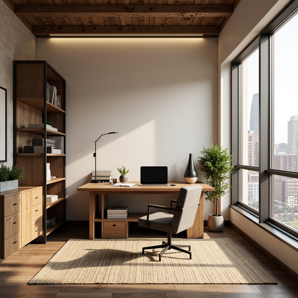 Prompt: Minimalist home office, sleek wooden desk, ergonomic chair, natural fiber rug, industrial metal shelving, reclaimed wood accents, matte black laptop, subtle LED lighting, warm beige walls, creamy white trim, soft closing drawers, minimalist decor, potted greenery, floor-to-ceiling windows, cityscape view, morning sunlight, shallow depth of field, 1/2 composition, realistic textures, ambient occlusion.