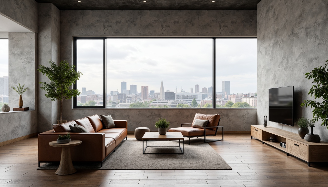 Prompt: Minimalist living room, functional furniture, industrial materials, steel frames, leather upholstery, wooden accents, geometric shapes, primary color palette, natural light, large windows, open floor plan, clean lines, simplicity, minimal ornamentation, functional decor, urban aesthetic, modern cityscape, overcast day, soft diffused lighting, shallow depth of field, 1/1 composition, realistic textures, ambient occlusion.