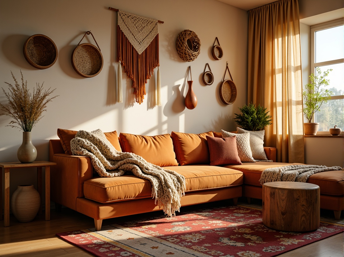 Prompt: Cozy living room, plush velvet sofa, warm beige walls, soft golden lighting, tactile woven fabrics, chunky knit throw blankets, natural wood accents, earthy terracotta vases, woven baskets, macrame wall hangings, organic shapes, bohemian-inspired patterns, vibrant colorful tassels, richly textured rugs, inviting atmosphere, shallow depth of field, 1/1 composition, warm color palette, soft focus.