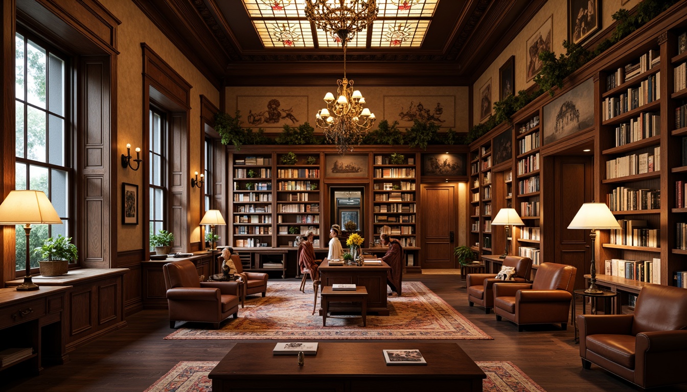 Prompt: Warm bookstore interior, rich wood tones, comfortable seating areas, floor lamps, table lamps, soft warm lighting, cozy atmosphere, vintage bookshelves, classic wooden desks, leather armchairs, ornate metal chandeliers, stained glass ceiling fixtures, warm beige walls, dark wood floors, traditional architectural details, high ceilings, large windows, natural light pouring in, 1/2 composition, shallow depth of field, realistic textures.