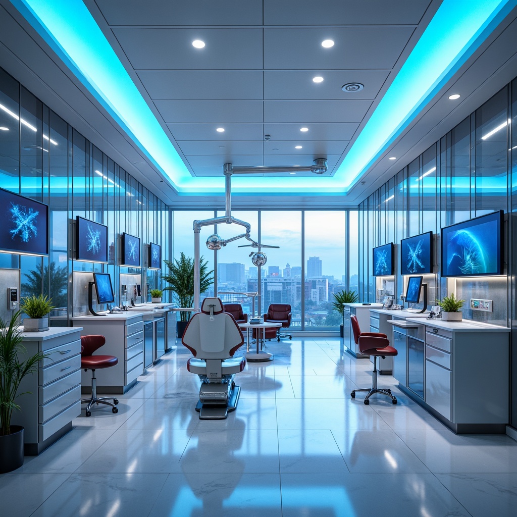 Prompt: Futuristic dental clinic, neon blue accents, metallic silver walls, glossy white floors, sleek minimalist furniture, holographic displays, LED light installations, abstract geometric patterns, high-tech equipment, sterilized chrome surfaces, calm ambient lighting, shallow depth of field, 3/4 composition, realistic reflections, ambient occlusion, futuristic cityscape views, misty morning atmosphere, soft gradient backgrounds.