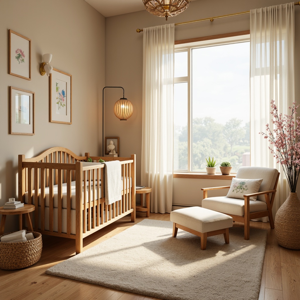 Prompt: Serenely decorated baby room, traditional Asian-style furniture, natural wood tone, intricately carved crib, soft pastel colors, gentle lantern lighting, plush area rug, minimal ornamentation, tranquil ambiance, subtle fragrance, warm beige walls, creamy white curtains, delicate cherry blossom patterns, low-seating tatami mats, woven bamboo baskets, peaceful Buddha statue, gentle water feature, shallow depth of field, 1/2 composition, softbox lighting, realistic textures.