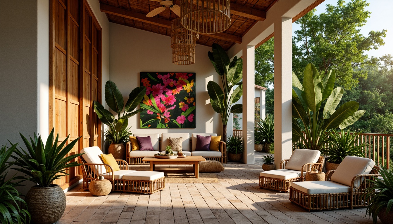 Prompt: Vibrant tropical flowers, exotic palm trees, rattan furniture, woven bamboo accents, natural fiber textiles, earthy terracotta tones, warm beige walls, rustic wooden floors, distressed wood finishes, lush greenery, soft diffused lighting, cozy reading nooks, plush throw pillows, vibrant colorful patterns, intricate island-inspired motifs, relaxed calming atmosphere, serene ambiance, 1/1 composition, shallow depth of field, realistic textures.