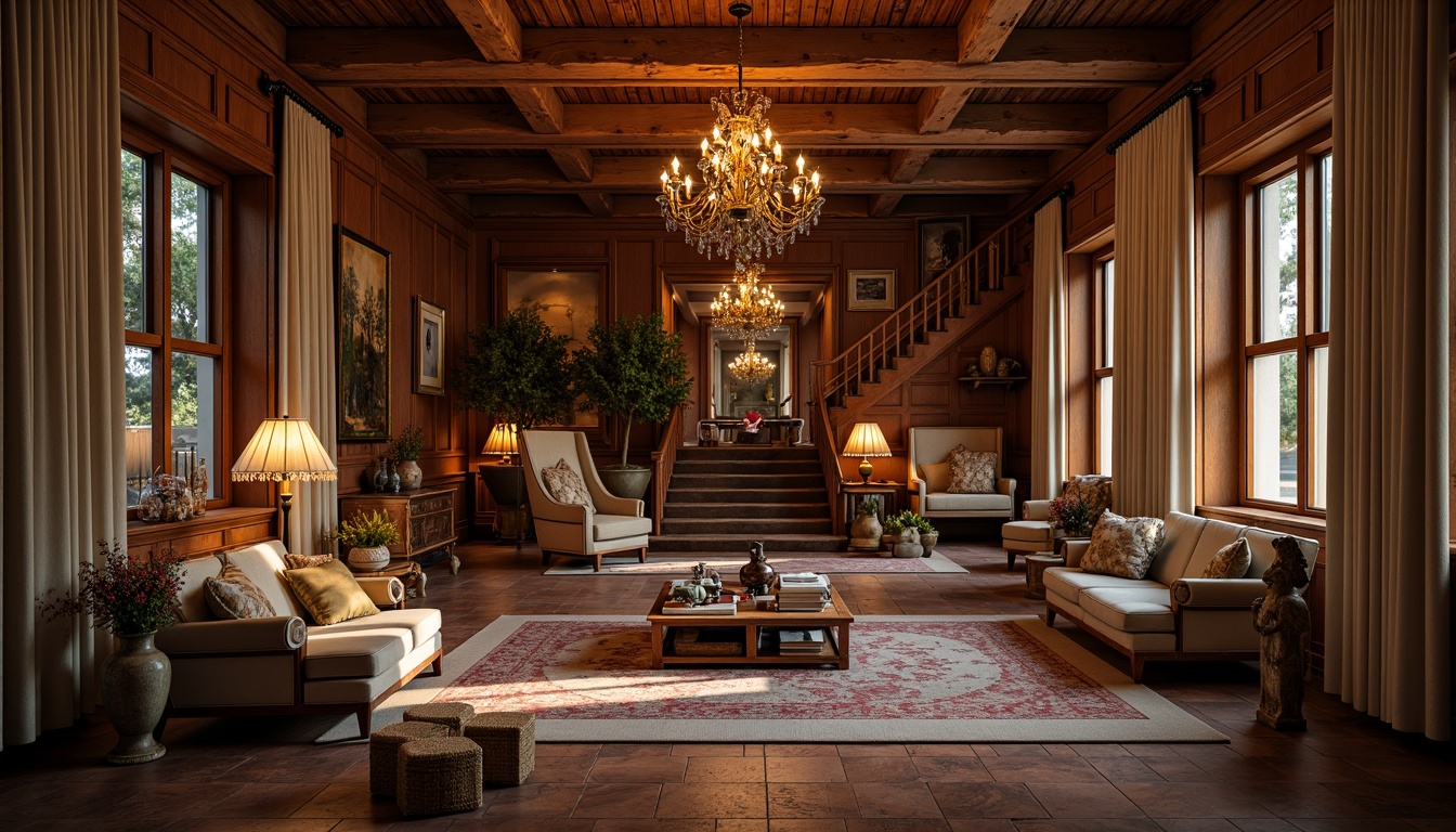 Prompt: Warm traditional interior, rich wood tones, ornate furnishings, luxurious fabrics, golden chandeliers, table lamps, floor lamps, warm soft lighting, ambient glow, cozy atmosphere, rustic wooden beams, classic architectural details, vintage decorative accents, elegant ceiling fixtures, subtle color palette, natural stone floors, plush area rugs, grand staircases, opulent drapery, dramatic window treatments, 1/1 composition, high contrast ratio, soft focus effect.