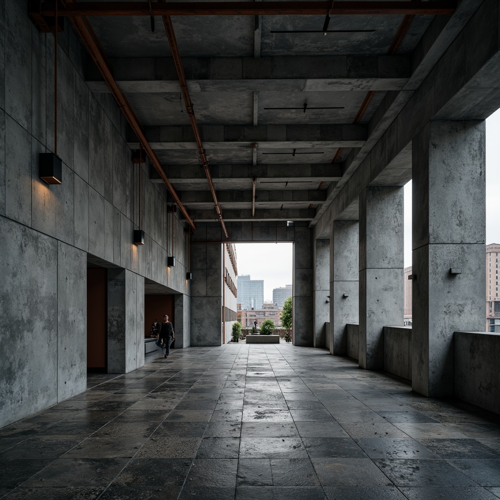 Prompt: Industrial brutalist architecture, raw concrete walls, exposed ductwork, steel beams, minimalist decor, monochromatic color scheme, dark tones, neutral shades, weathered metal accents, rough-textured stone floors, dramatic lighting, high-contrast shadows, bold geometric forms, urban landscape, overcast sky, moody atmosphere, cinematic composition, gritty textures, ambient occlusion.