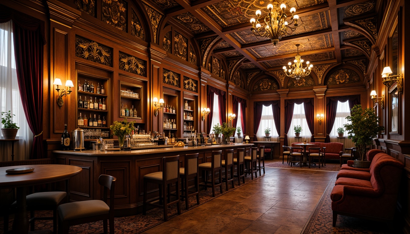 Prompt: Ornate Victorian-era bar interior, rich wood paneling, intricate moldings, ornamental plasterwork, lavish chandeliers, velvet drapes, luxurious upholstery, antique furniture pieces, brass fixtures, warm golden lighting, shallow depth of field, 1/1 composition, realistic textures, ambient occlusion, detailed carvings, floral patterns, subtle gradient maps.