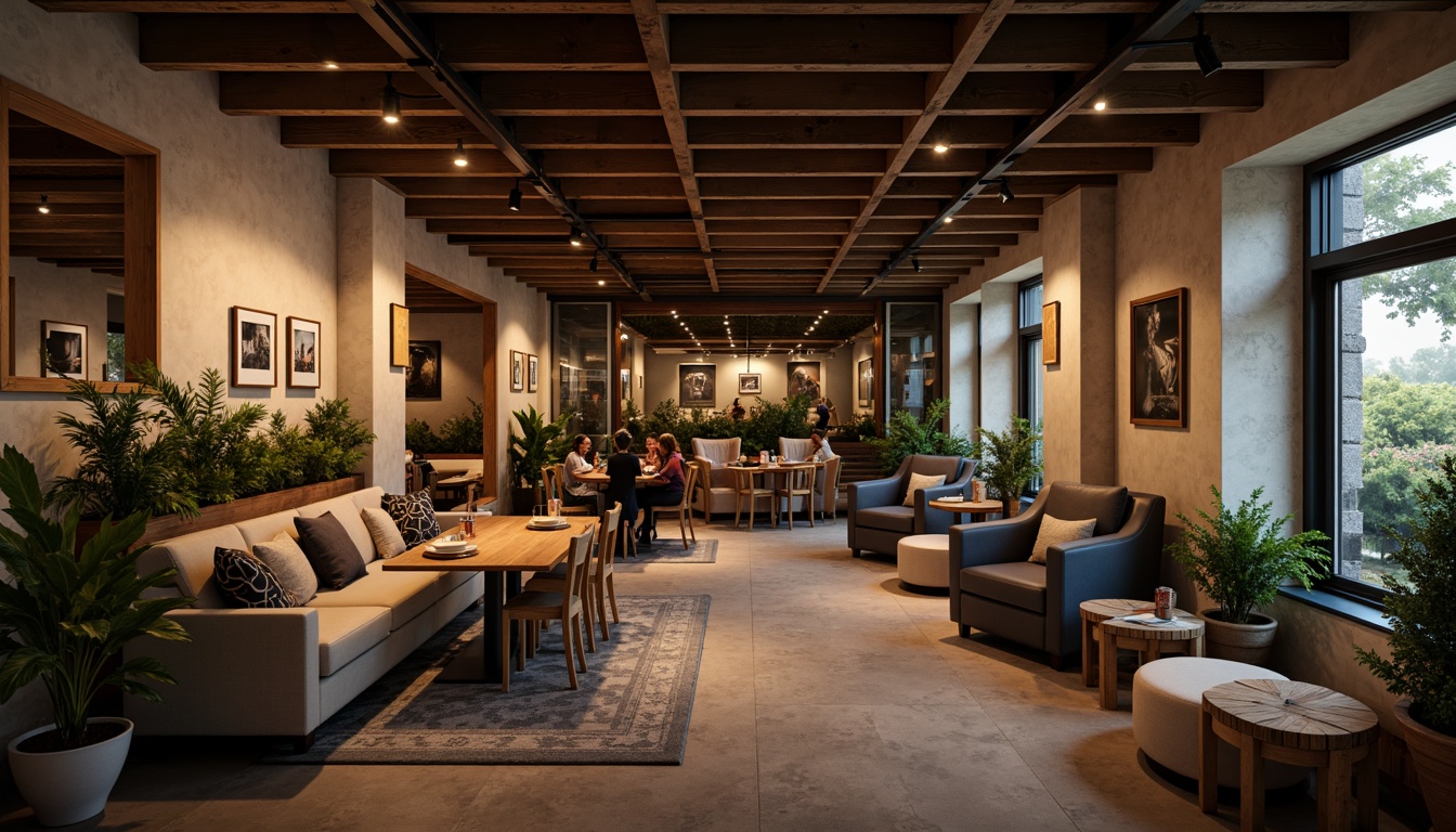 Prompt: Cozy basement atmosphere, warm earthy tones, rich wood accents, soft cream walls, deep blue undertones, industrial metal beams, rustic stone textures, comfortable seating areas, ambient warm lighting, dramatic shadows, 1/2 composition, realistic renderings, subtle color gradients.