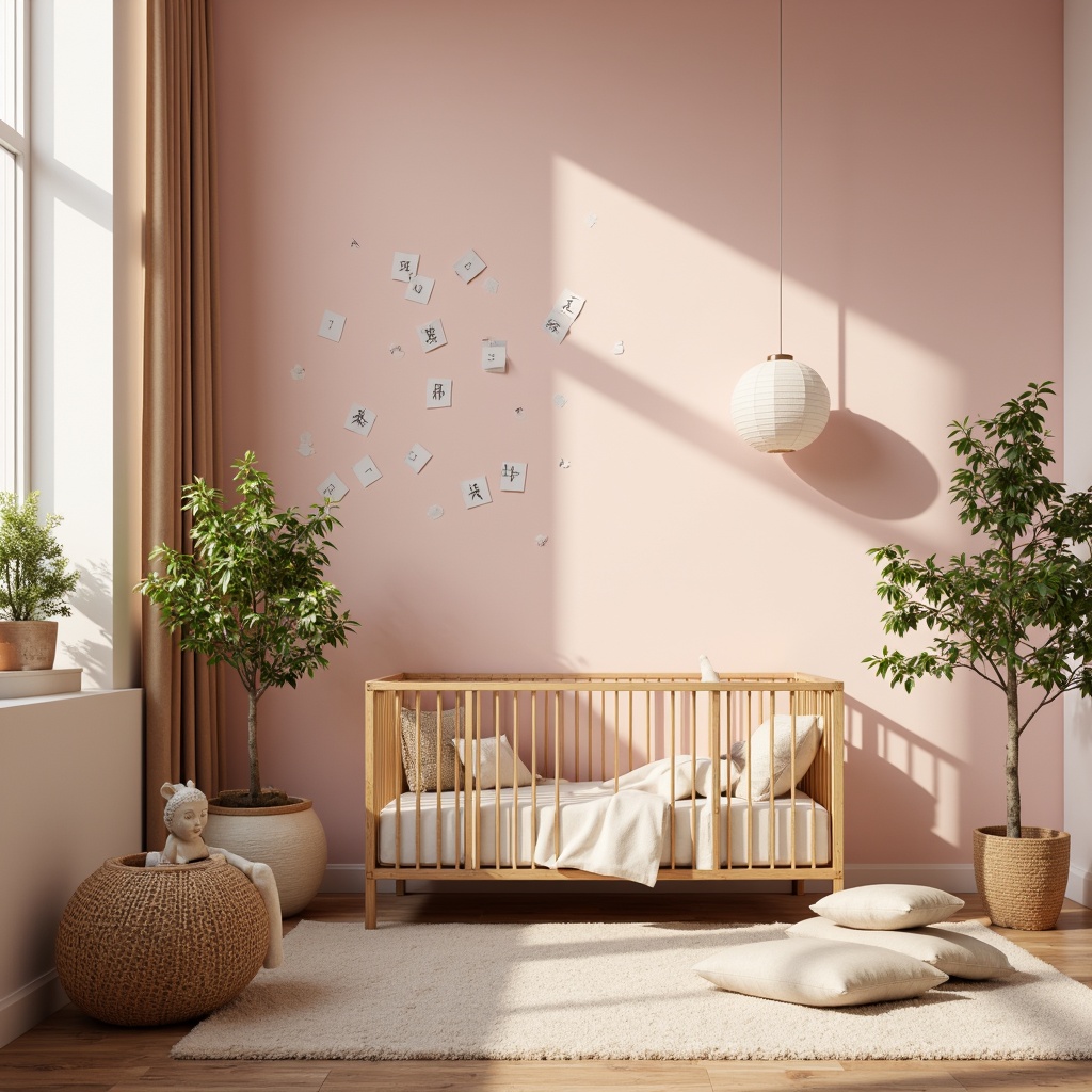 Prompt: Soft cherry blossom pink walls, creamy white furniture, gentle golden lighting, natural wood accents, woven bamboo crib, plush silk fabrics, delicate paper lanterns, subtle kanji wall decals, serene Buddha statue, lush greenery, potted bonsai trees, warm beige carpeting, minimal ornamentation, 1/1 composition, soft focus, ambient occlusion.