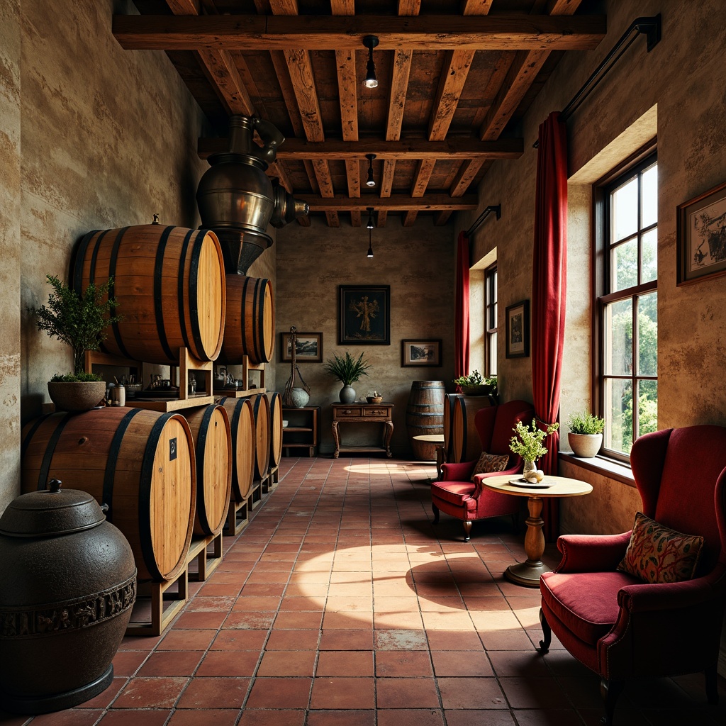 Prompt: Rustic winery, distressed wooden barrels, worn stone walls, vintage metal equipment, earthy terracotta floors, rich velvet drapes, ornate wooden furniture, dim warm lighting, soft focus, 1/1 composition, moody atmospheric effects, realistic texture mapping, ambient occlusion, bold expressive brushstrokes, vibrant color palette, heavy Impressionist influence.