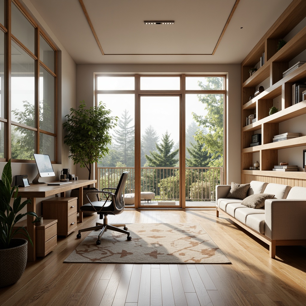 Prompt: Minimalist home office, natural wood flooring, modern ergonomic chair, sleek metal desk, floor-to-ceiling windows, plenty of natural light, comfortable reading nook, built-in shelving units, hidden storage compartments, geometric patterned rug, calming greenery, soft warm lighting, 1/1 composition, shallow depth of field, realistic textures, ambient occlusion.