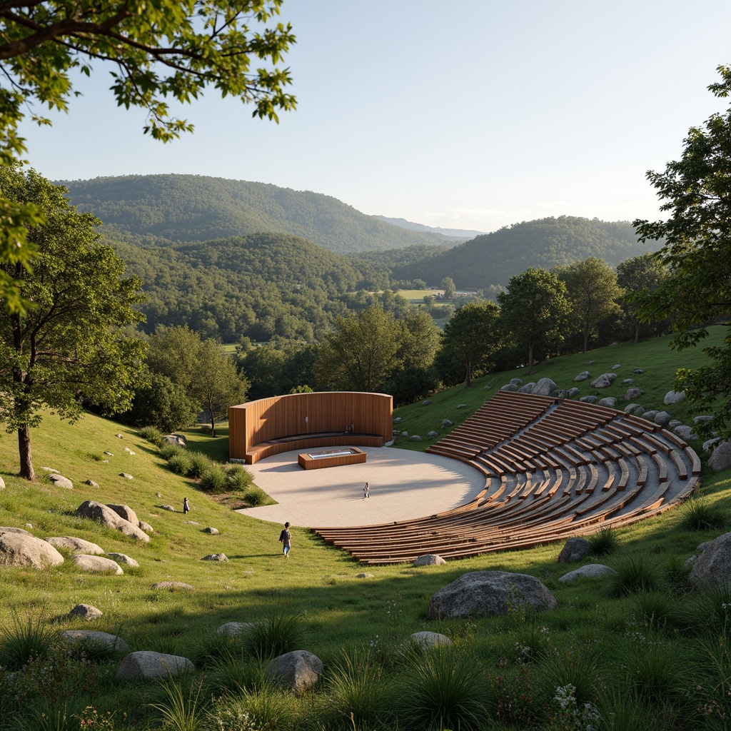 Prompt: Natural amphitheater setting, rolling hills, lush greenery, wooden benches, tiered seating, curved performance stage, acoustic shell, sound reflectors, audience seating areas, grassy slopes, tranquil atmosphere, warm sunny day, soft natural lighting, shallow depth of field, 3/4 composition, panoramic view, realistic textures, ambient occlusion, wooden accents, earthy tones, organic shapes, minimalist design.