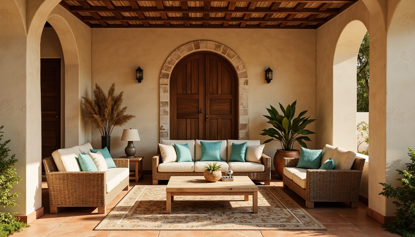 Prompt: Warm beige stucco walls, rustic stone accents, natural terracotta floors, woven wicker furniture, soft cream-colored sofas, plush turquoise throw pillows, distressed wooden coffee tables, vintage Moroccan-inspired tiles, earthy ceramics, sun-kissed plaster finishes, warm golden lighting, shallow depth of field, 2/3 composition, cozy intimate atmosphere.