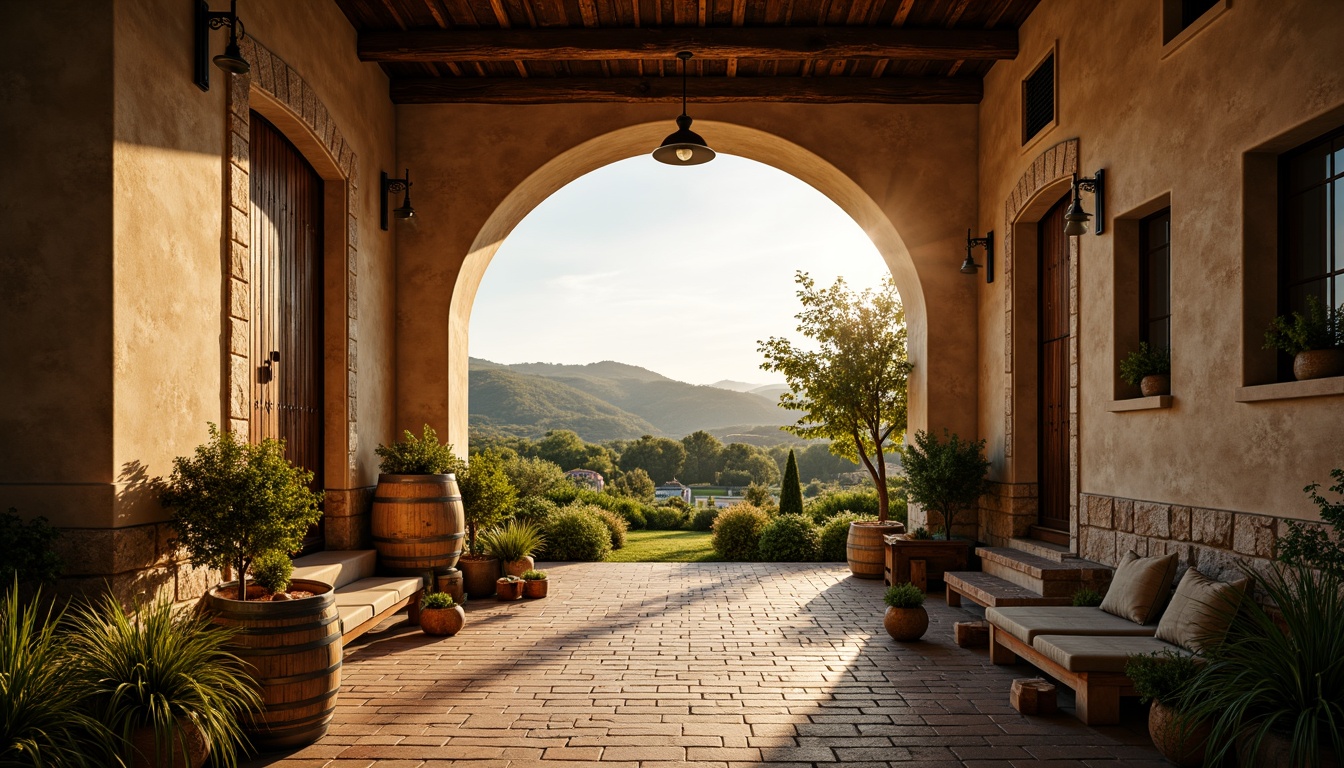 Prompt: Rustic winery exterior, stone walls, wooden barrels, vineyard views, rolling hills, Tuscan landscape, warm golden lighting, soft focus, shallow depth of field, 2/3 composition, symmetrical architecture, curved lines, ornate details, distressed wood textures, earthy color palette, Mediterranean-inspired patterns, lush greenery, aged brick roads, wine cellar atmosphere, intimate spaces, ambient shadows, subtle warm glow.