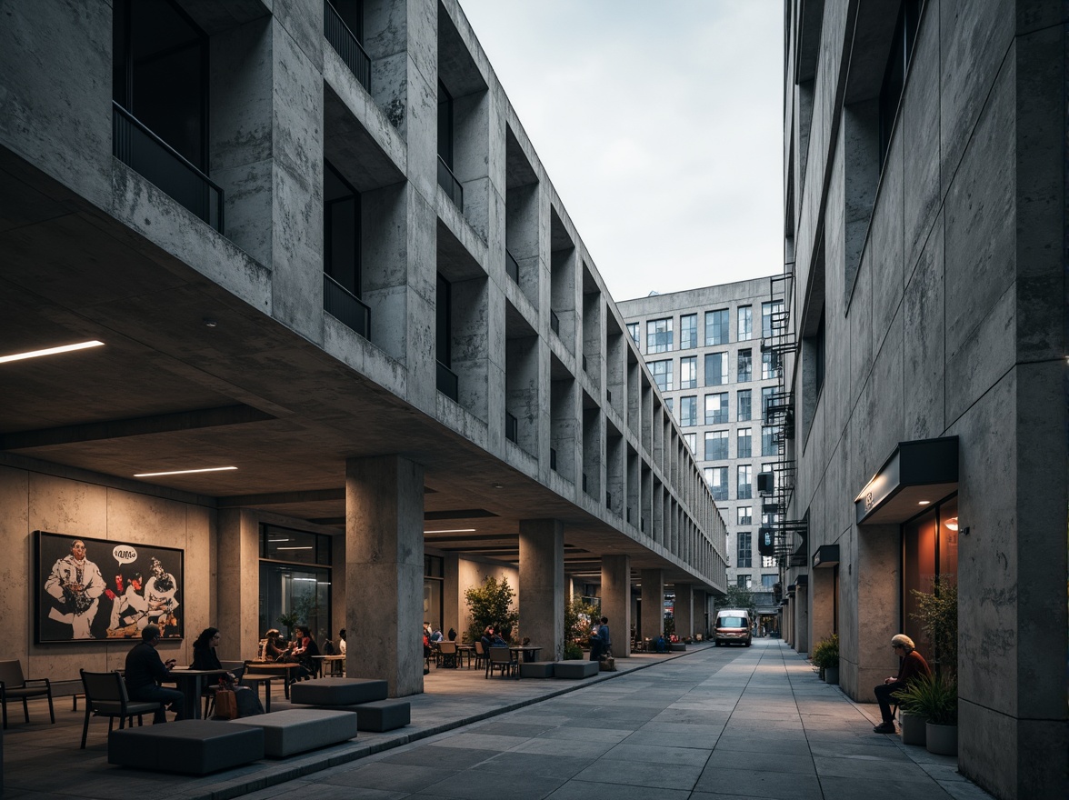 Prompt: Exposed concrete columns, rugged textures, fortress-like buildings, monumental scale, urban cityscape, overcast sky, dramatic shadows, brutalist architecture, angular forms, geometric patterns, industrial materials, raw steel beams, poured-in-place concrete, bold cantilevers, graphic signage, functional minimalism, abstract art installations, moody atmospheric lighting, high-contrast composition, 2/3 framing, cinematic perspective.