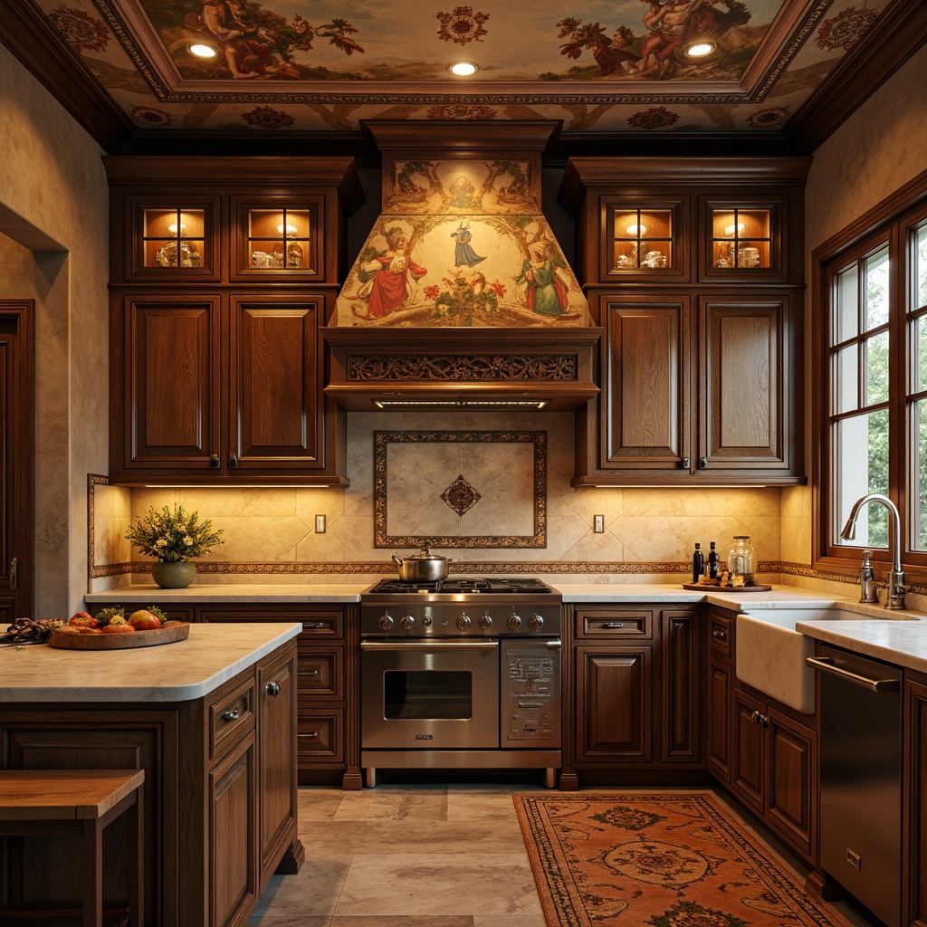 Prompt: Rustic kitchen cabinetry, ornate carvings, distressed wood finishes, warm golden lighting, classical architectural details, decorative cornices, rich wood tones, intricate moldings, elegant hardware, subtle ornateness, vintage-inspired appliances, earthy color palette, natural stone countertops, soft warm atmosphere, Renaissance-inspired frescoes, 1/1 composition, shallow depth of field, realistic textures, ambient occlusion.