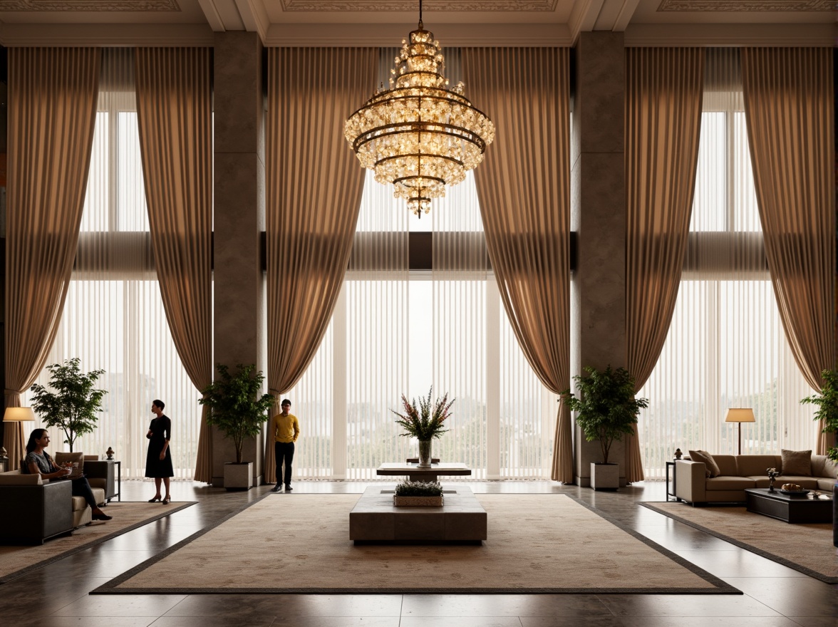 Prompt: Luxurious hotel lobby, grand chandelier, sleek marble floors, lavish furnishings, opulent drapes, floor-to-ceiling windows, modern minimalist treatments, flowing silk fabrics, subtle patterns, warm natural light, soft diffused glow, 1/1 composition, shallow depth of field, realistic textures, ambient occlusion, stylish roller shades, elegant Roman blinds, sophisticated vertical louvers, refined panel glides, lavish tassel trim, ornate metal accents, polished chrome hardware.