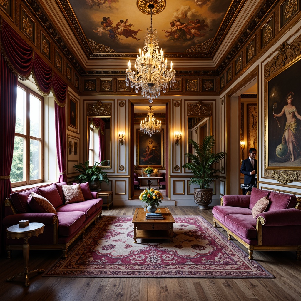 Prompt: Luxurious apartment interior, ornate Baroque details, rich velvet fabrics, intricate gold embroidery, lavish crystal chandeliers, grandiose marble floors, opulent furnishings, carved wooden panels, regal purple accents, sumptuous silk textiles, ornamental metalwork, dramatic ceiling frescoes, warm golden lighting, soft focus blur, shallow depth of field, 2/3 composition, realistic textures, ambient occlusion.