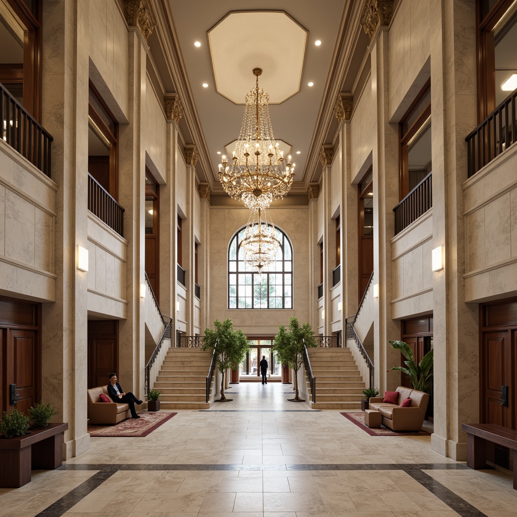 Prompt: Grand courthouse entrance, majestic columns, ornate details, polished marble floors, sweeping staircases, elegant chandeliers, neutral color palette, natural stone walls, wooden accents, sophisticated furnishings, plush carpets, statement lighting fixtures, dramatic ceiling heights, symmetrical composition, classic architectural elements, refined textures, subtle patterned fabrics, soft warm glow, 1/1 composition, realistic materials, ambient occlusion.