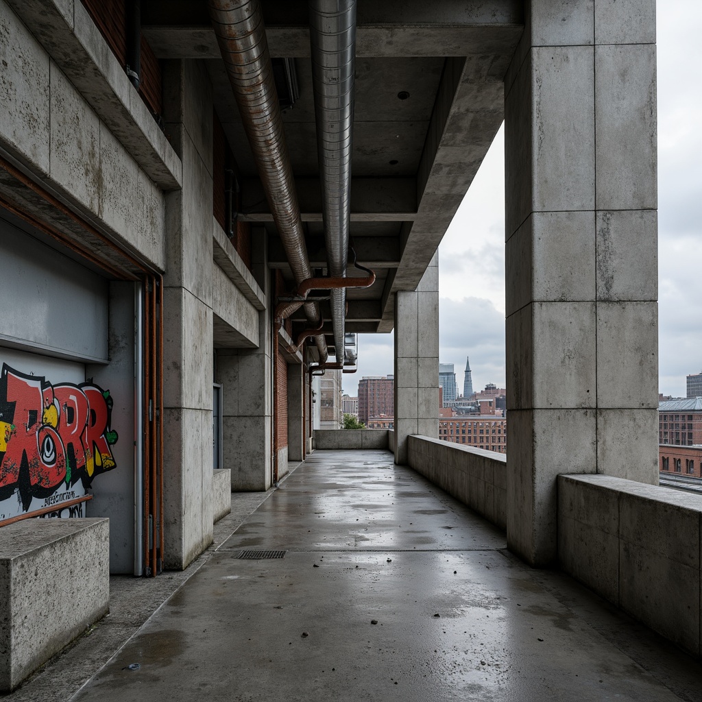 Prompt: Raw concrete textures, industrial pipes, exposed ductwork, rugged stone walls, metallic accents, bold graffiti, urban cityscape, overcast sky, dramatic shadows, high-contrast lighting, monochromatic color palette, brutalist architecture, distressed finishes, weathered steel beams, poured concrete floors, minimalist decor, functional simplicity, abstract geometric patterns, moody atmospheric ambiance.