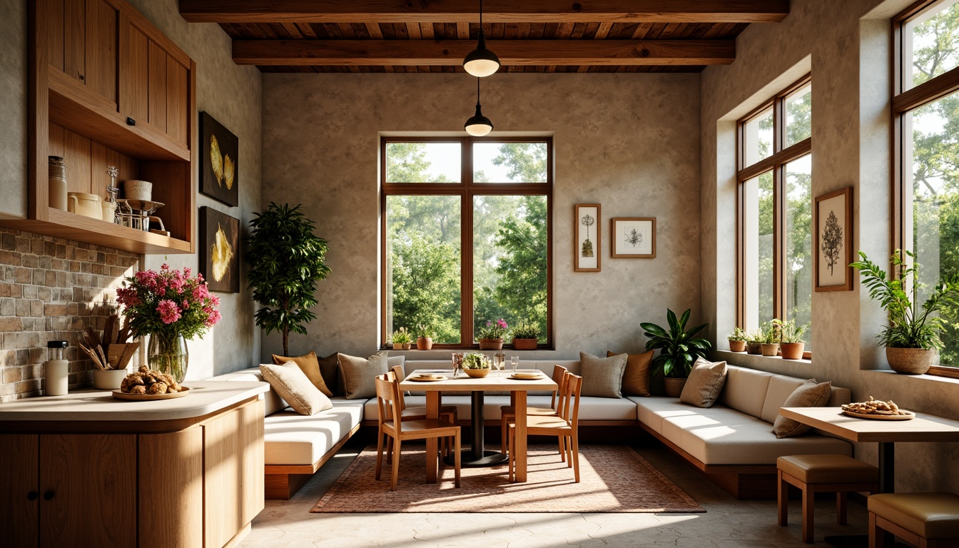 Prompt: Cozy breakfast nook, natural stone walls, rustic wooden beams, warm earthy tones, soft morning light, delicate ceramic tiles, hexagonal pattern, creamy white grout, warm beige countertops, rich wood cabinetry, elegant metal hardware, plush area rug, comfortable cushioned banquettes, lush greenery, vibrant flowers, warm breakfast lighting, shallow depth of field, 1/2 composition, intimate atmosphere.