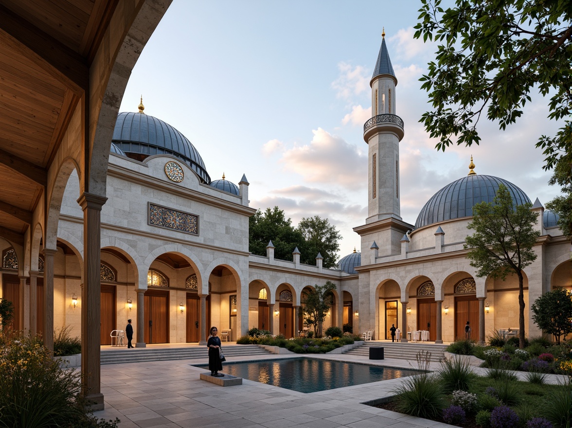 Prompt: Elegant mosque, curved domes, intricately patterned arches, natural stone facades, wooden minarets, prayer halls, soft warm lighting, stained glass windows, eco-friendly materials, recycled wood accents, low-VOC paints, energy-efficient LED lighting, solar panels, rainwater harvesting systems, green roofs, serene courtyards, lush greenery, peaceful water features, 3/4 composition, shallow depth of field, panoramic view.