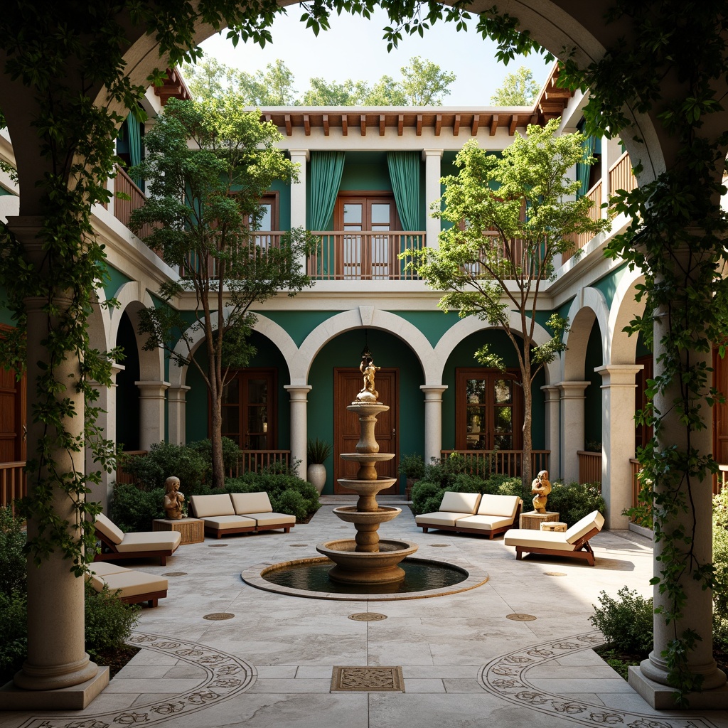 Prompt: Grandiose interior courtyard, ornate fountains, lush green walls, delicate ironwork trellises, intricately patterned marble floors, opulent velvet drapes, golden accents, Rococo-inspired furnishings, curved lines, soft warm lighting, shallow depth of field, 1/1 composition, realistic textures, ambient occlusion, elegant candelabras, lavish flower arrangements, majestic stone statues, tranquil water features.